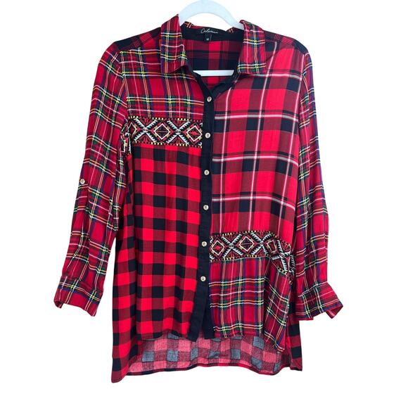 Calessa Red Patchwork Plaid Embroidered Button Front Top Medium Artsy Holiday - Picture 2 of 10